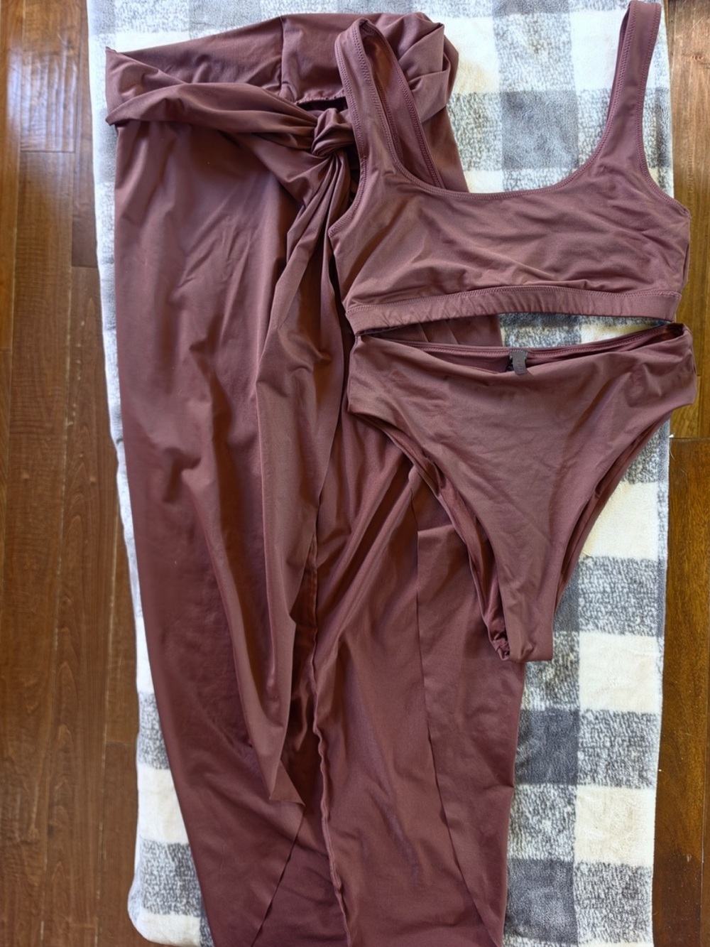 SKIMS 3 piece swim bikini skirt set in brown cocoa